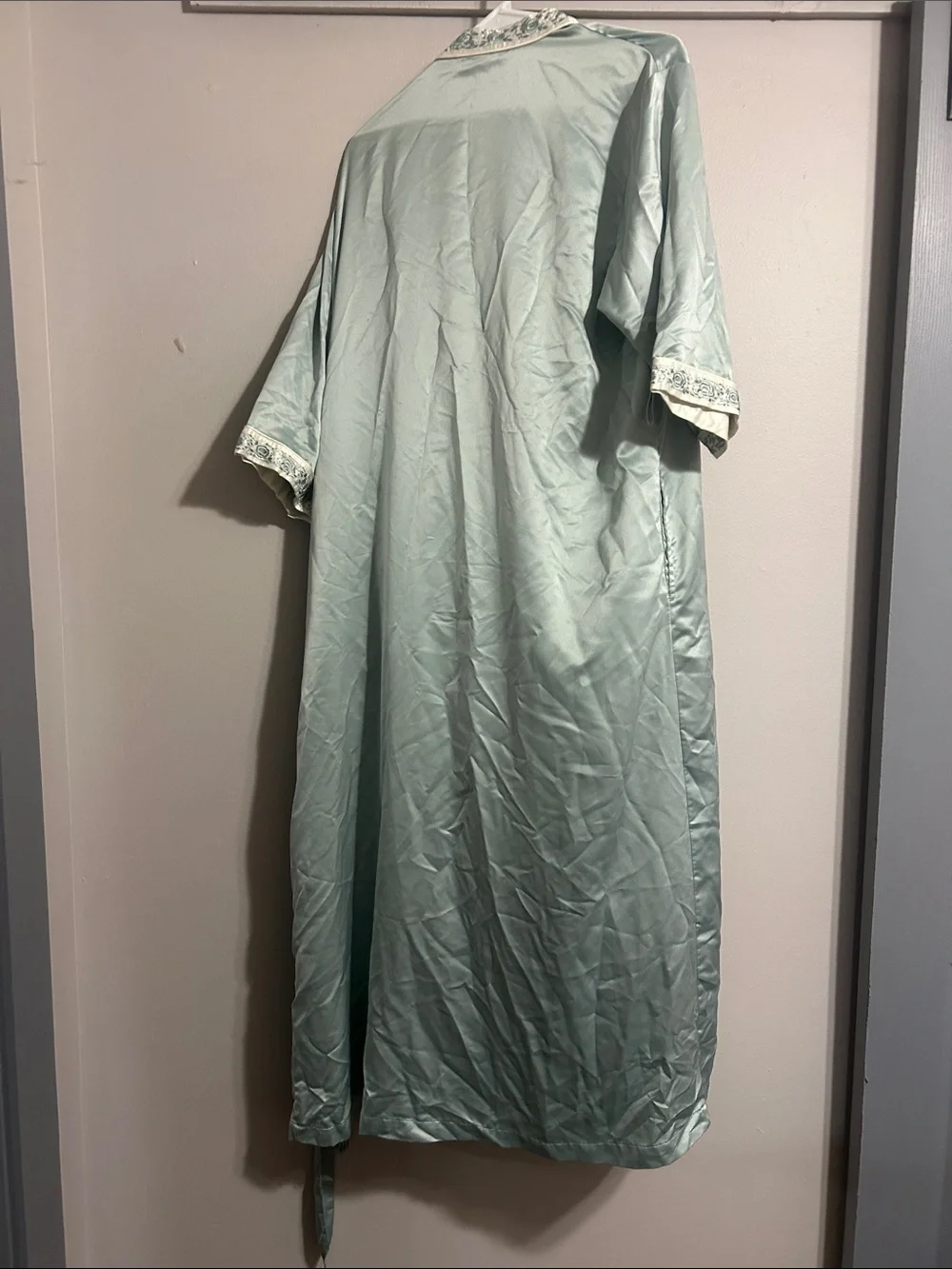 Cabernet Light Sage Satin Robe with Embroidered Trim